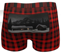 Red and black plaid BoyShort Panty with Elizabeth Parker Hut under a full moon