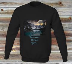Moraine Lake on stylish black sweat shirt with caption Here Comes Moraine again
