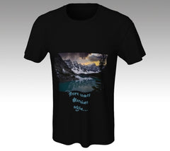 Moraine Lake on stylish black tshirt with caption Here Comes Moraine again