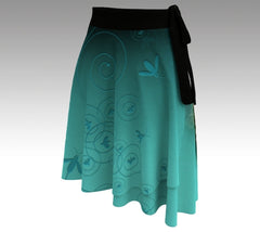 Aqua wrap skirt with photo of Mt Rundle and the Bow River at Canmore