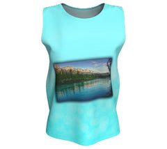 relaxed women's aqua tank with mt rundle at canmore