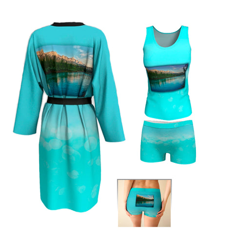 sampe of women's sleep set in bright aqua with mt rundle and engine bridge at canmore