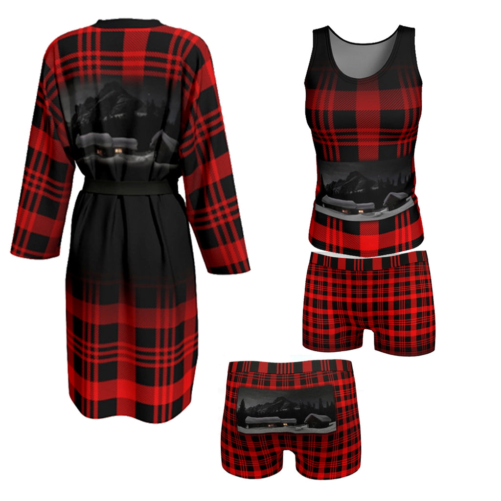 Sleep Set Red & Black plaid with Red and black plaid butter soft tank top with Elizabeth Parker Hut under a full moon