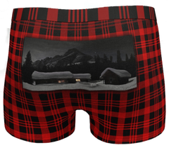 Red and black plaid BoyShort Panty with Elizabeth Parker Hut under a full moon