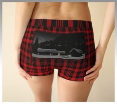 Red and black plaid BoyShort Panty with Elizabeth Parker Hut under a full moon