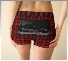 BoyShort Panty with Red and black plaid butter soft tank top with Elizabeth Parker Hut under a full moon