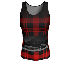 Red and black plaid butter soft tank top with Elizabeth Parker Hut under a full moon