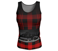 Red and black plaid butter soft tank top with Elizabeth Parker Hut under a full moon