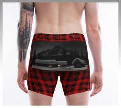 Red and black plaid mens boxer with Elizabeth Parker Hut under a full moon