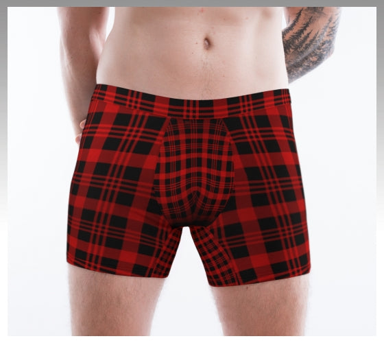 Red and black plaid mens boxer with Elizabeth Parker Hut under a full moon