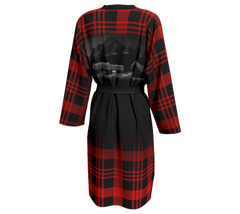 Red and black plaid peignoir with Elizabeth Parker Hut under a full moon