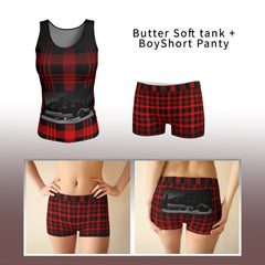 Red and black plaid BoyShort Panty plus Butter Tank Topwith Elizabeth Parker Hut under a full moon