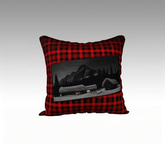 Red and black plaid pillow cover with Elizabeth Parker Hut under a full moon
