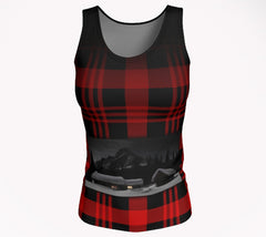 Red and black plaid butter soft tank top with Elizabeth Parker Hut under a full moon