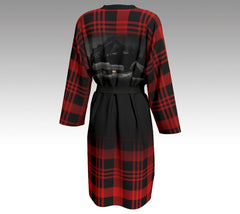 Red and black plaid peignoir with Elizabeth Parker Hut under a full moon