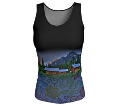 dark tank top ladies with Elizabeth Parker Hut at sunset