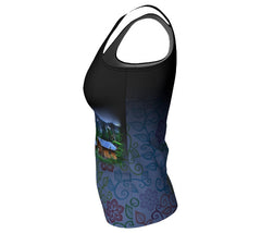 dark tank top ladies with Elizabeth Parker Hut at sunset