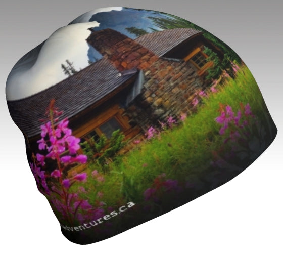 A beanie with Fireweed and the stone chimney at Elizabeth Parker hut in Yoho