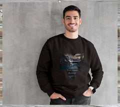 Moraine Lake on stylish black sweat shirt with caption Here Comes Moraine again
