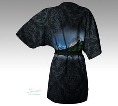 Sexy Black Kimono with fancy design detail and photo of Mt Chester