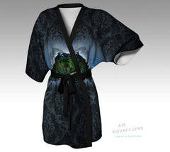 Sexy Black Kimono with fancy design detail and photo of Mt Chester