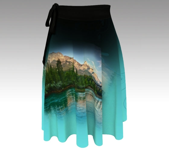 Aqua wrap skirt with photo of Mt Rundle and the Bow River at Canmore
