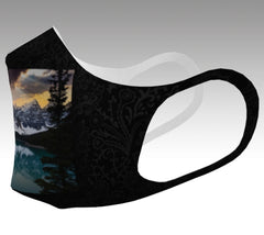 face mask with moraine lake on stylish black background