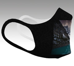 face mask with moraine lake on stylish black background