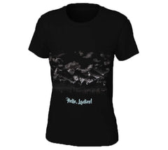 Three Sisters black t shirt with caption Hello Ladies